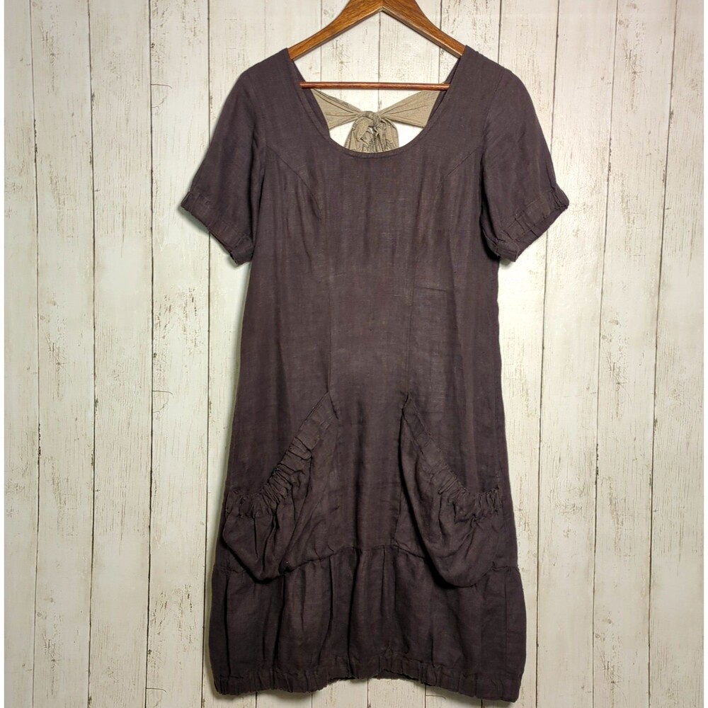 Lu.el Linen Pocket Dress Size 3 Purple Lagenlook Balloon Hem Cottagecore
